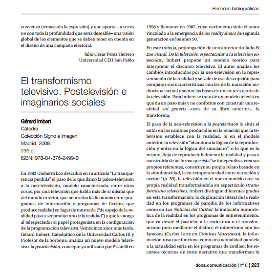 Imagem da capa de um documento em espanhol: El transformismo televisivo. Postelevisión e imaginarios sociales.