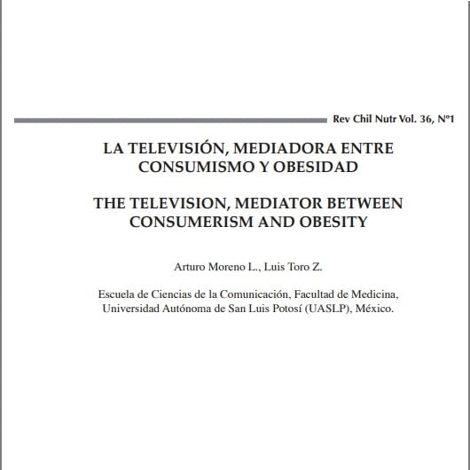 Capa do texto em espanhol e ingle: La televisón, mediadora entre consumismo Y obesidad. The television, mediator between consumerism and obesity.