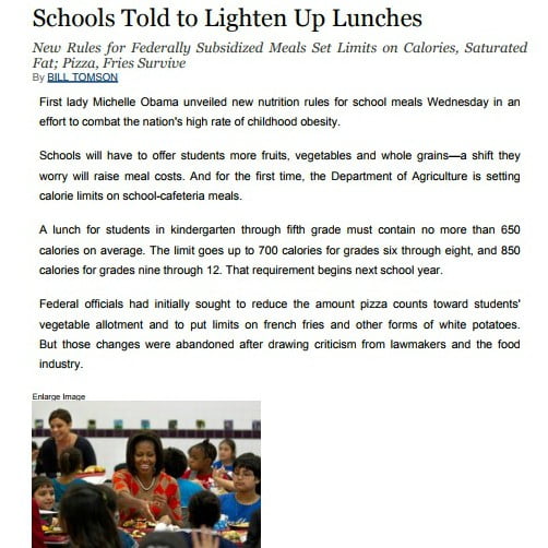 Imagem de uma matéria em inglês: "Schools Told to Lighten Up Lunches".