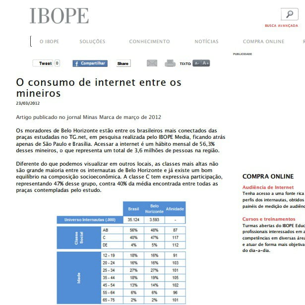 Imagem de uma matéria IBOPE: O consumo de internet entre os mineiros.
