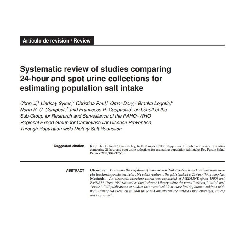 Imagem da capa do documento em ingls: Systematic review of studies comparing 24-hour and spot urine collections for estimating population salt intake.