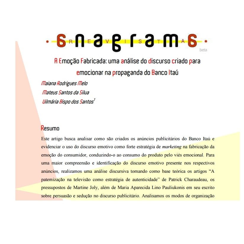 Imagem da capa da revista anagrama: A emoção fabricada: uma análise do discurso criado para emocionar na propaganda do Banco Itaú.