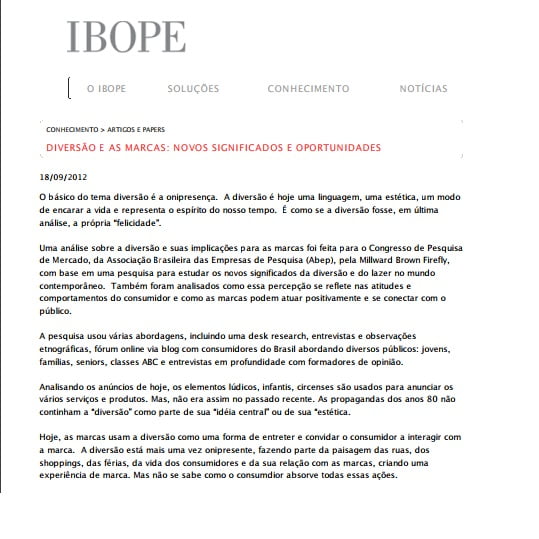 Capa da matéria IBOPE: Diversão e as marcas: novos significados e oportunidades.