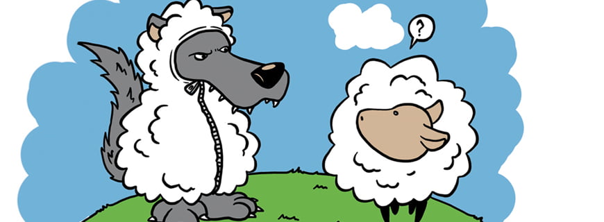 Desenho de uma ovelha em um pasto olhando desconfiada para um lobo fantasiado de ovelha que está encarando a ovelha.