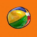 Desenho de uma bola multicolorida em um fundo laranja.
