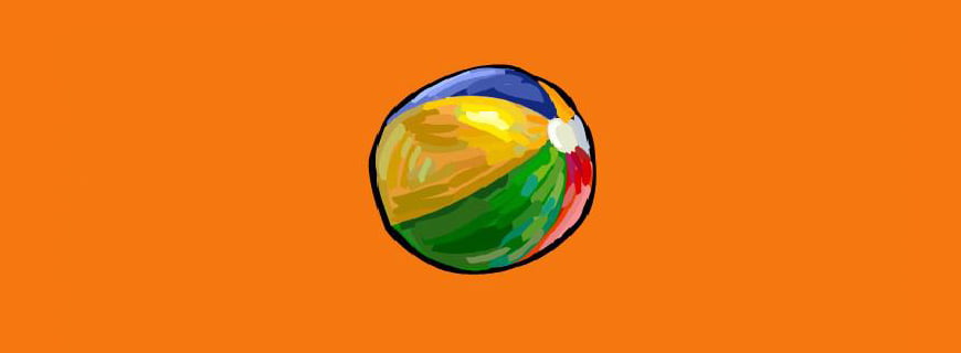 Desenho de uma bola multicolorida em um fundo laranja.