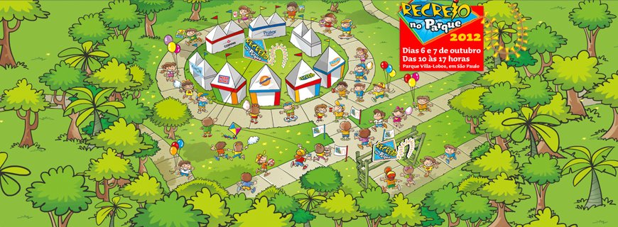Imagem promocional de um evento da revista Receio, com o desenho de várias crianças caminhando sobre um parque, a imagem descreve: Recreio no Parque. 2012. Dias 6 e 7 de outubro. Das 10 às 17 horas. Parque Vila-Lobos, em São Paulo.