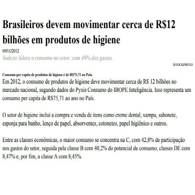 Foto de uma matéria: Brasileiros devem movimentar cerca de R$12 bilhões em produtos de higiene.