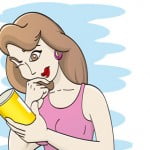 Imagem de um desenho de uma mulher segurando uma lata, a mulher está observando a com um olho aberto e um fecha, sua mão direita está sobre seu queixo.