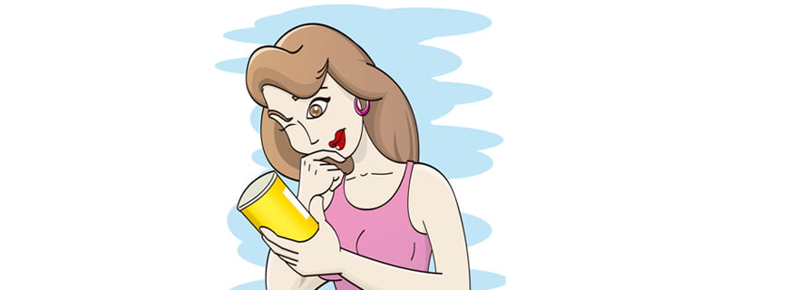 Imagem de um desenho de uma mulher segurando uma lata, a mulher está observando a com um olho aberto e um fecha, sua mão direita está sobre seu queixo.