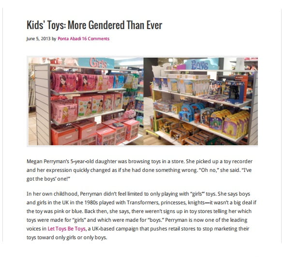 Foto de matéria em inglês: "Kids’ Toys: More Gendered Than Ever"