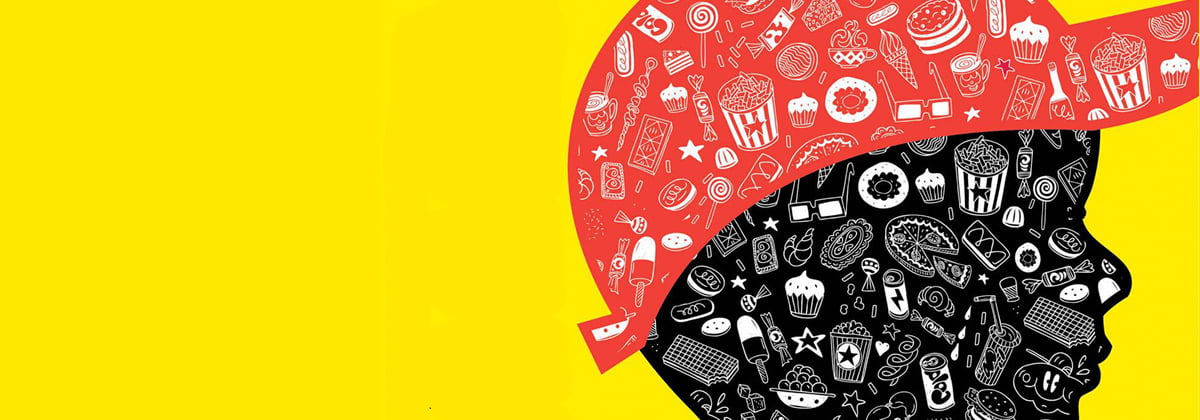 Imagem de um desenho de um garoto de boné vermelho, dentro dele tem vários desenhos de produtos e alimentos não saudáveis.