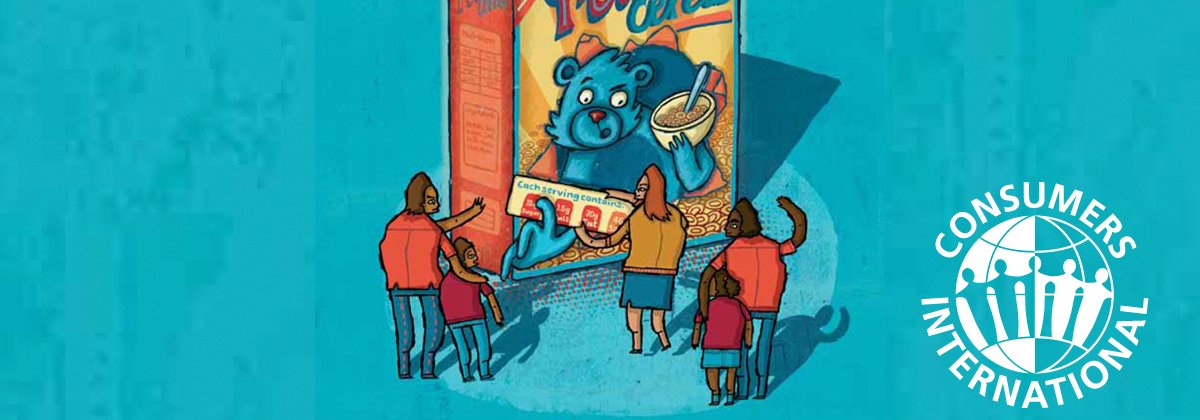 Desenho de uma caixa de cereal onde um urso com uma tigela de cereal em uma mão e a outra ele estende a mão para fora da caixa, mães estão afastando os seus filhos desta caixa de cereal, nesta imagem tem uma logo da Consumers International.