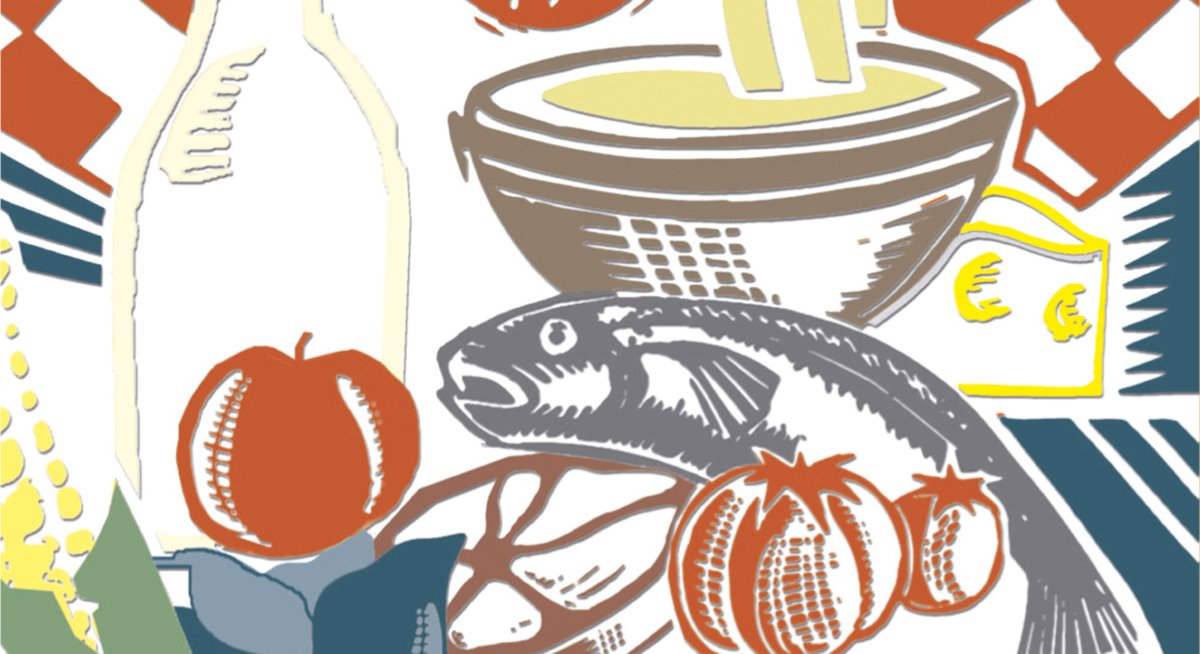 Desenho de vários tipos de alimentos como: peixe, maçã, macarrão, queijo, tomate, carne, leite e milho.