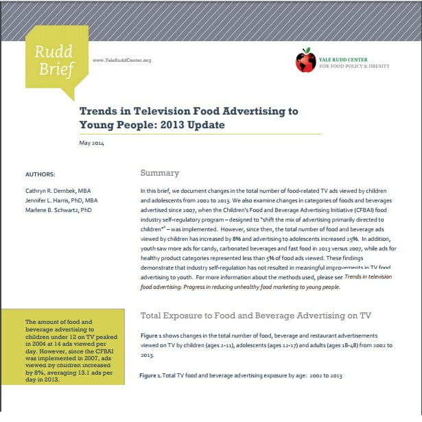 Capa do informativo em inglês: Trends in Television Food Advertising to 
Young People: 2013 Update.