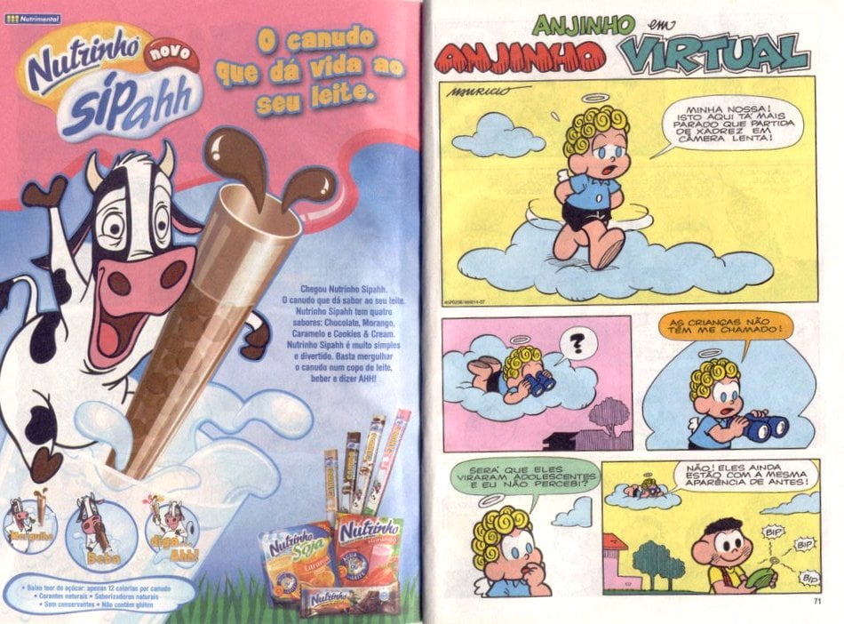 Foto do gibi Turma da Monica aberto, com uma página de produtos promocional de canudos de chocolate.