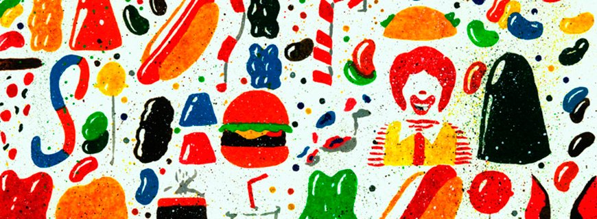 Imagem com desenho de vários alimentos não saldáveis como: jujubas, lanches, cachorro quente, pirulitos. É possível ver a mascote do McDonald's.