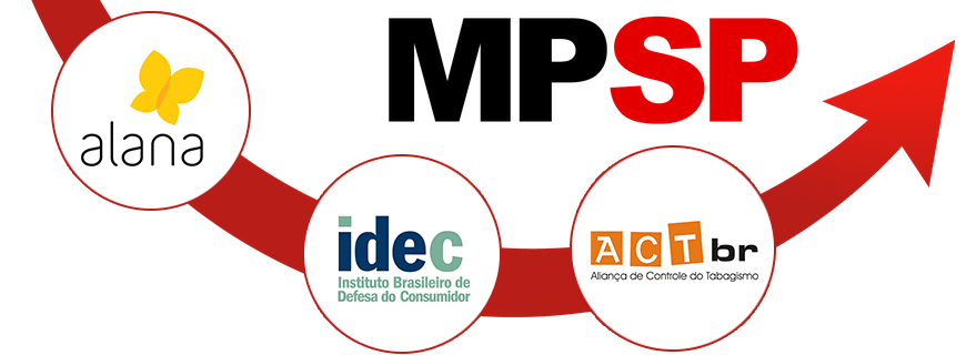Imagem com uma seta vermelha fazendo uma curva com três logos descreve: MPSP. Alana. Idec Instituto Brasileiro de Defesa do Consumidor. ACTbr Aliança de controle do tabagismo.