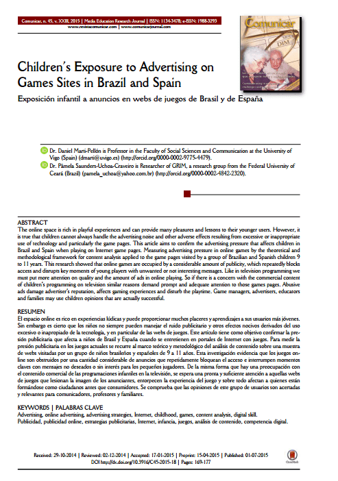 Imagem da capa do documento em inglês: Children's Exposure to Advertising on Games Sites in Brazil and Spain.