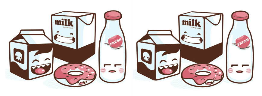 Desenho de caixa de leite, uma rosquinha e uma garrafa de leite com rostos sorrindo, a imagem se repete duas vezes.