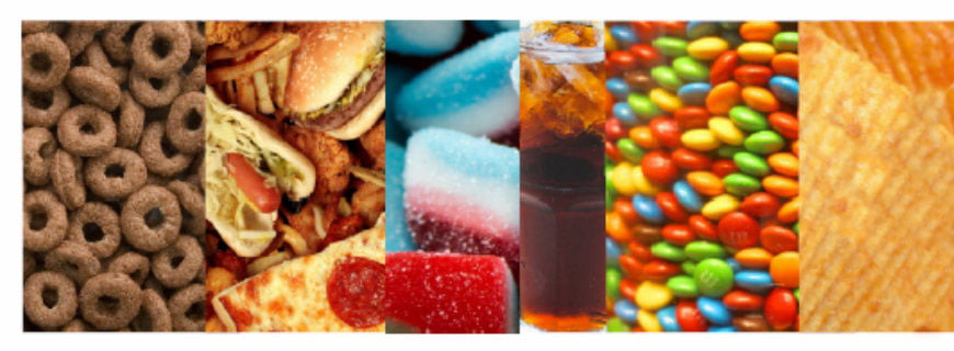 Foto de doces, bebidas e comidas não saudável.