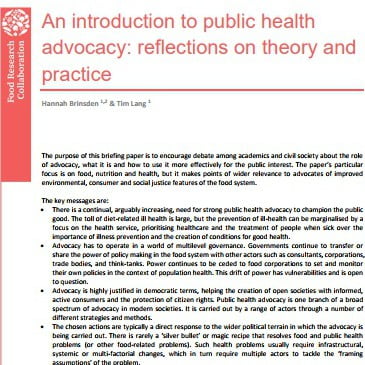 Capa do documento em inglês: An introduction to public health advocacy: reflections and practice.