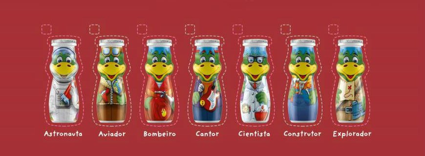 Foto promocional Dino da marca Danone, com sete diferentes garrafas de iogurte.