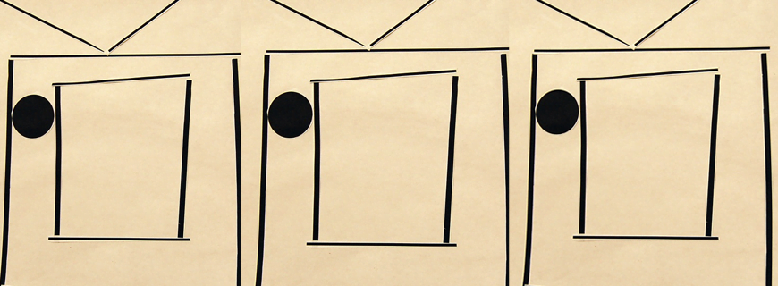 Desenho se repete três vezes: linhas pretas formam um desenho de uma televisão com um botão.