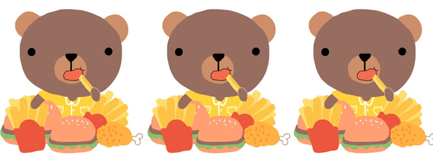 Desenho se repete três vezes, um urso está comendo batata frita, há vários alimentos em volta dele como: batata frita, lanches e pedaço de frango.