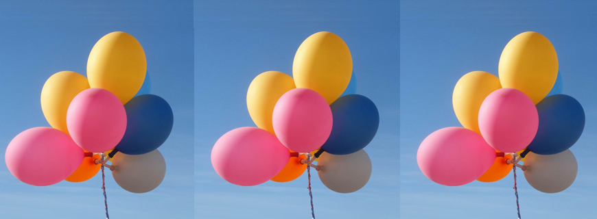 Imagem se repete três vezes: Foto de balões amarrados em direção ao céu.