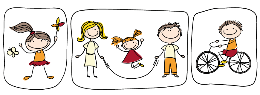 Desenho com três quadros: o primeiro uma menina segura um cata-vento ao lado de uma borboleta, no segundo uma mulher e um home estão batendo corda para uma garota que está pulando, e no terceiro quadro um garoto anda em uma bicicleta.