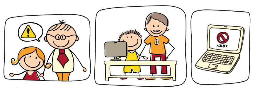 Desenho com três quadros, no primeiro tem uma garota e um homem de gravata com um balão de atenção, no segundo um homem com um garoto em frente a um computador, no terceiro quadro um notebook com um sinal de bloqueio com a palavra ADBLOCK.