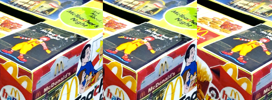 Foto se repete três vezes, Uma caixa de McDonald's onde a mascote aparece em cima da caixa.