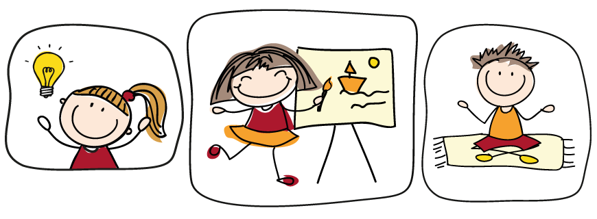 Desenho com três quadros: No primeiro uma menina está tendo uma ideia com uma lâmpada acima, no segundo uma garota com um pincel desenha um barco em um quadro e no terceiro um garoto sentado em um tapete.