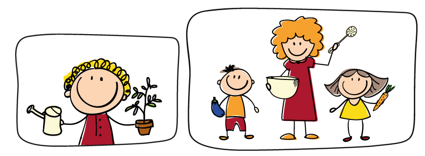 Desenho com dois quadros, no primeiro uma criança segura um vaso com uma plana em uma mão e no outra um regador, no segundo quadro uma mulher está com uma escumadeira com duas crianças segurando legumes.