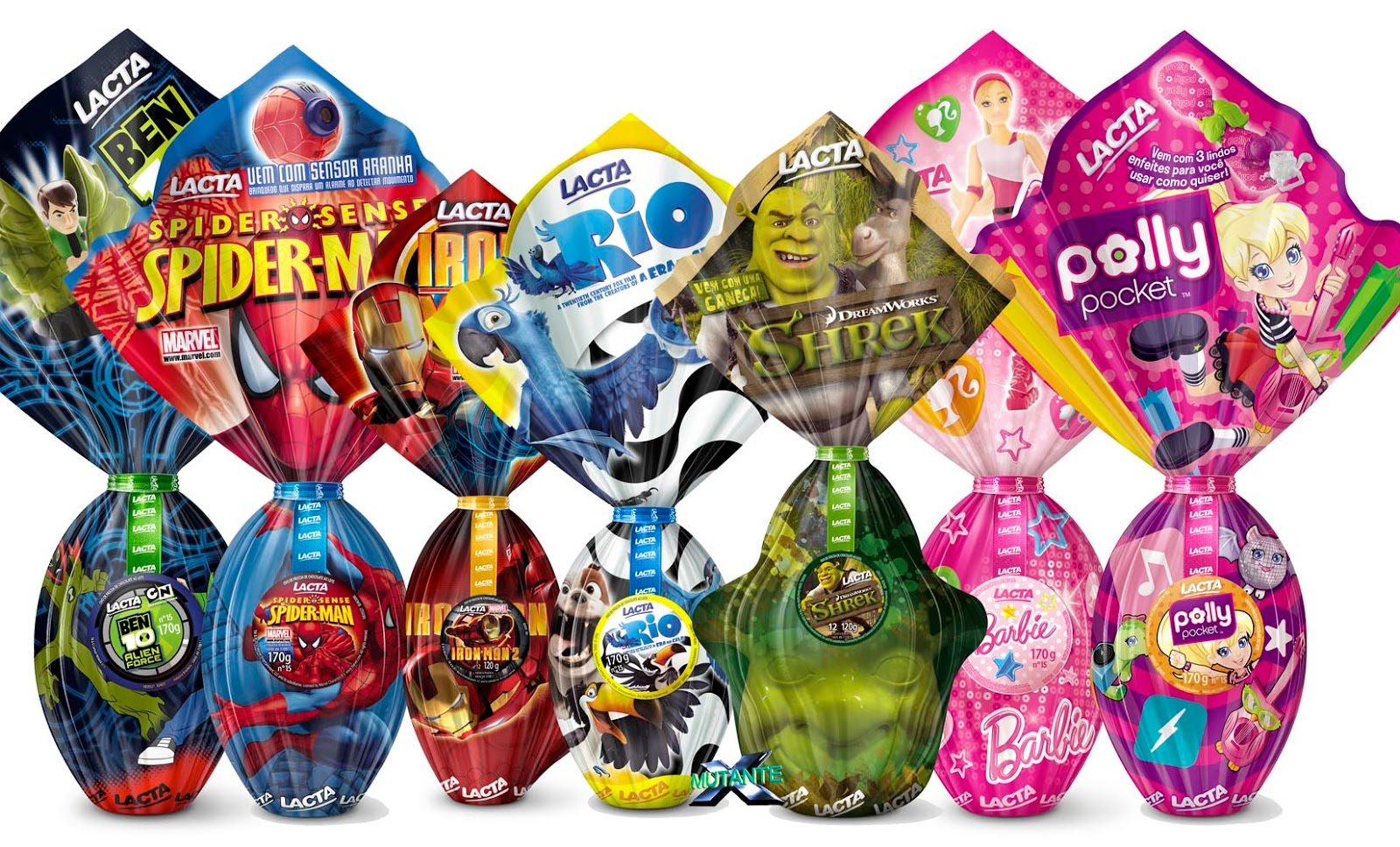Foto de ovos de chocolate com vários tipos de personagens diferentes.