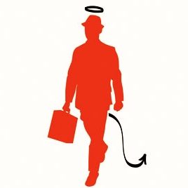 Desenho da silhueta de um homem vermelho, caminha segurando uma mala e usa um chapéu, ele tem uma aréola de anjo e um rabo pontudo.