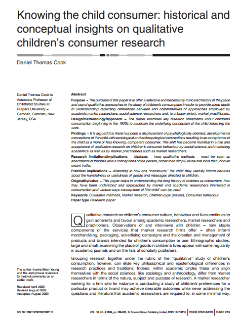 Imagem da capa do documento em inglês: Knowing the child consumer: historical and conceptual insights on qualitative children's consumer research.