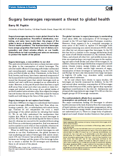 Imagem da capa de um documento em inglês: Sugary beverages represent a threat to global health.