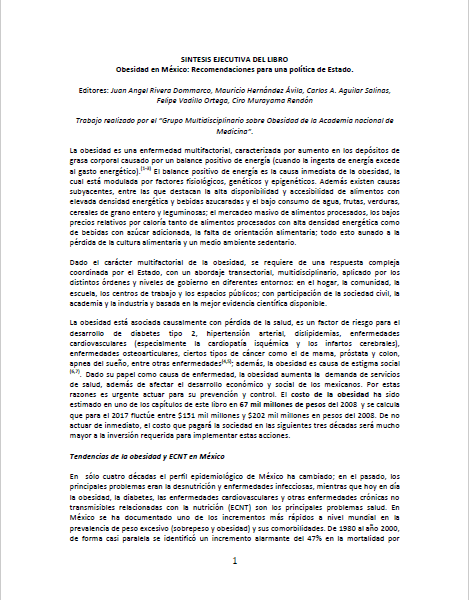 Imagem da capa do documento em espanhol: Sintesis ejecutiva del libro: Obesidad en México: Recomendaciones para una política de Estado.