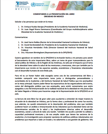 Imagem da capa do documento em espanhol: Comentarios a la presentación del libro obesidad en mexico.