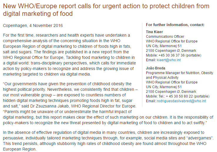 Imagem da capa do documento em inglês: New WHO / Europe report calls for urgent action to protect children from digital marketing of food.