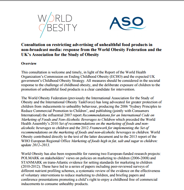 Imagem da capa do documento em inglês: Consultation on restricting advertising of unhealthful food products in non-broadcast media: response from the World Obesity Federation and the UK’s Association for the Study of Obesity.