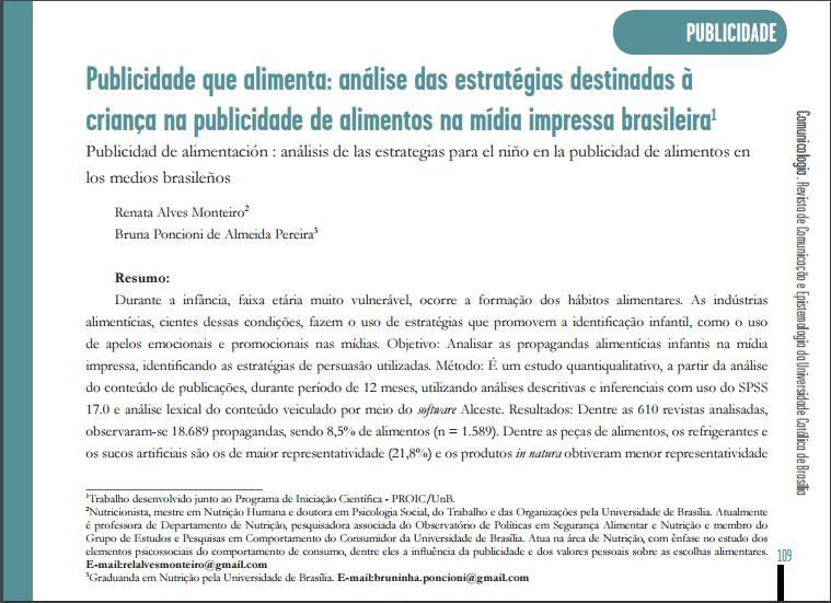 Imagem da capa do documento: Publicidade que alimenta: análise das estratégias destinadas à criança na publicidade de alimentos na mídia impressa brasileira.