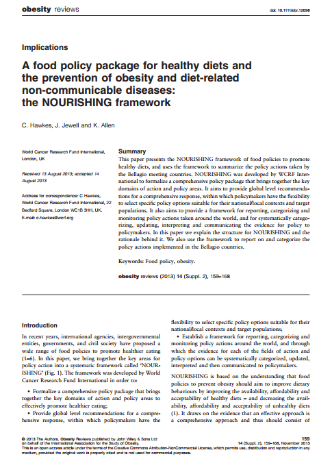 Imagem da capa do documento em inglês: A food policy package for healthy diets and the prevention of obesity and diet-related non-communicable diseases: the NOURISHING framework.