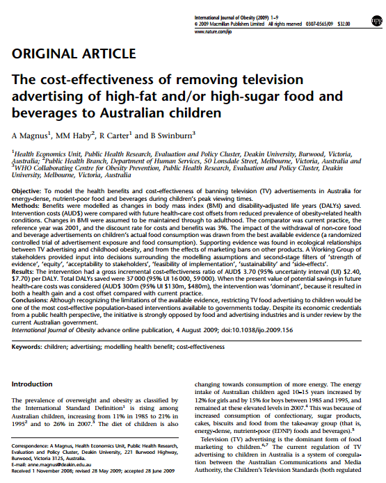 Imagem do documento em inglês: The cost-effectiveness of removing television advertising of high-fat and / or high-sugar food and beverages to Australian children.