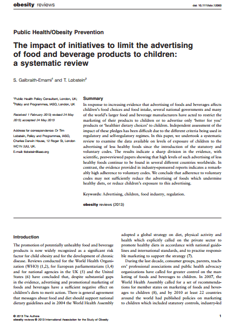 Imagem da capa do documento em inglês: The impact of initiatives to limit the advertising of food and beverage products to children: a systematic review.