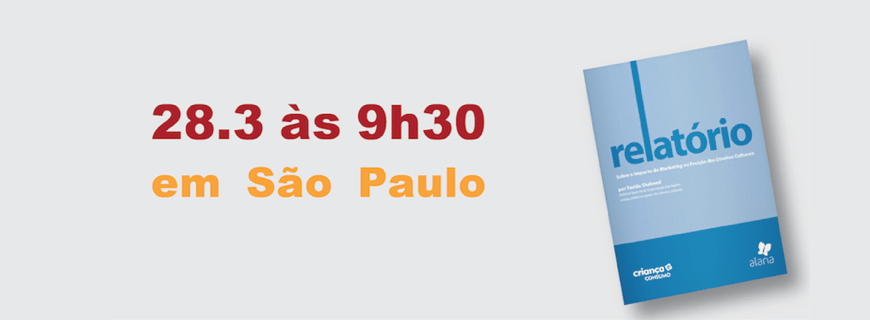 Cartaz com a foto de um caderno azul, um texto descreve: 28 de março às 9 horas e 30 minutos em São Paulo.