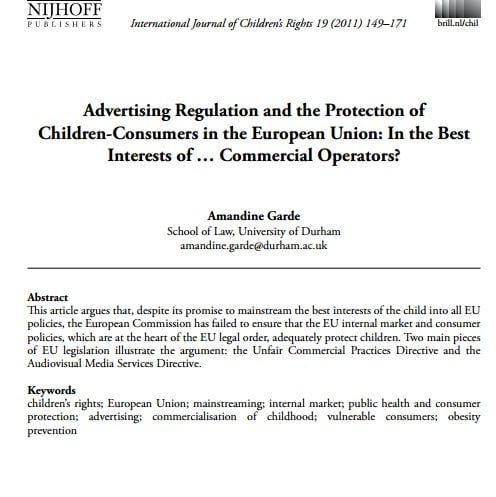 Imagem da capa do documento em inglês: Advertising Regulation and the Protection of Children-Consumers in the European Union: In the Best Interests of ... Commercial Operators?