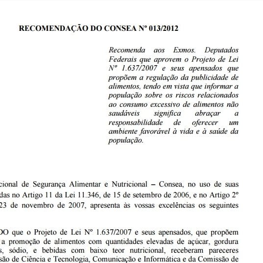 Imagem da capa do documento: Recomendação do CONSEA Nº 013/2012